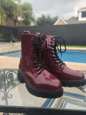 Patent Burgundy Lace-Up Combat Boots - Women's